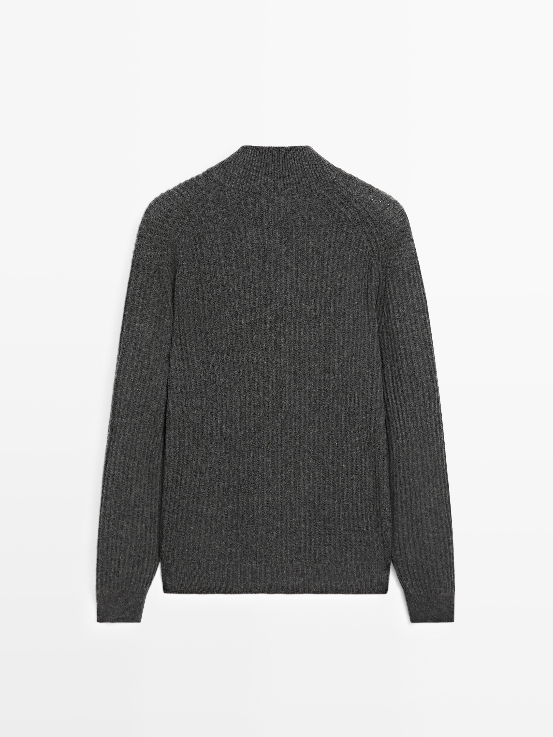 Cotton blend knit cardigan with high neck